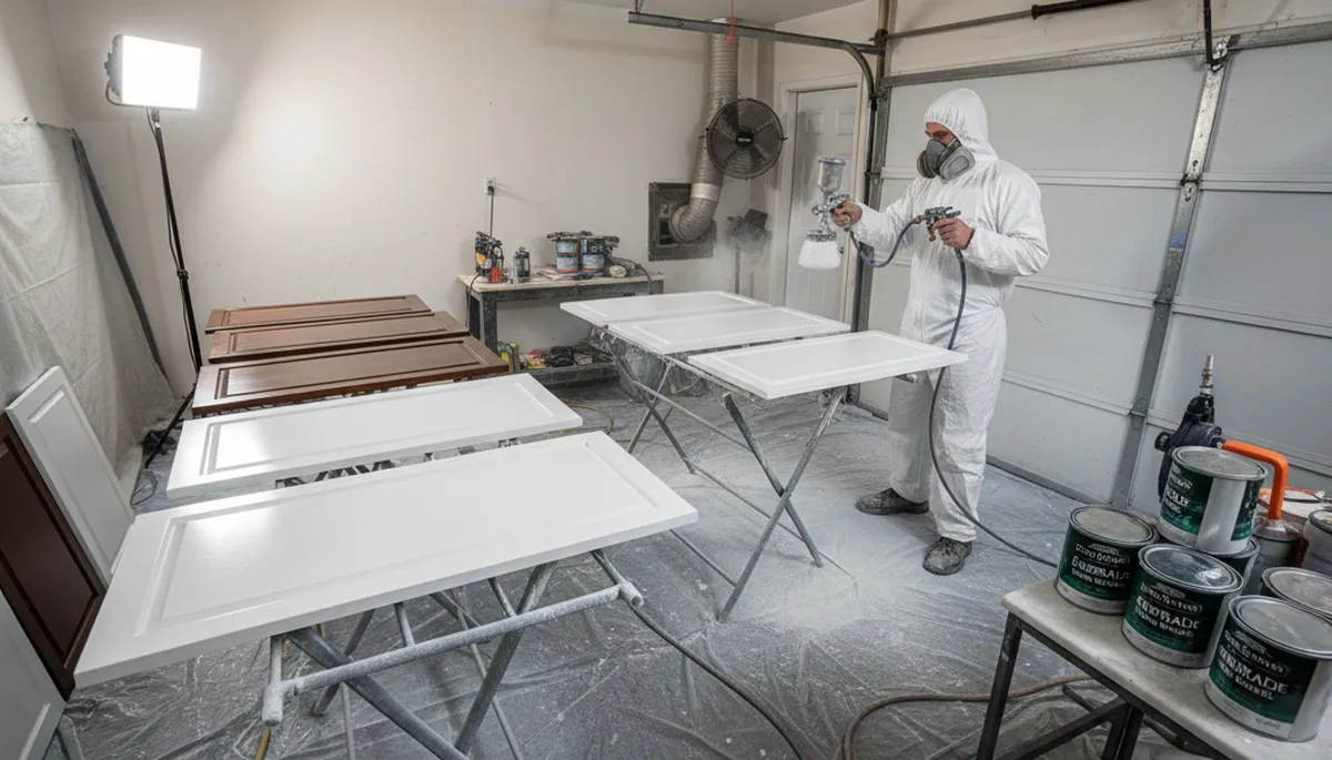 Professional cabinet painting process in Staten Island, NY with smooth spray finishes for kitchen updates
