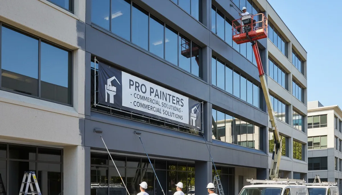 Professional commercial painters working on an office exterior in Staten Island, NY