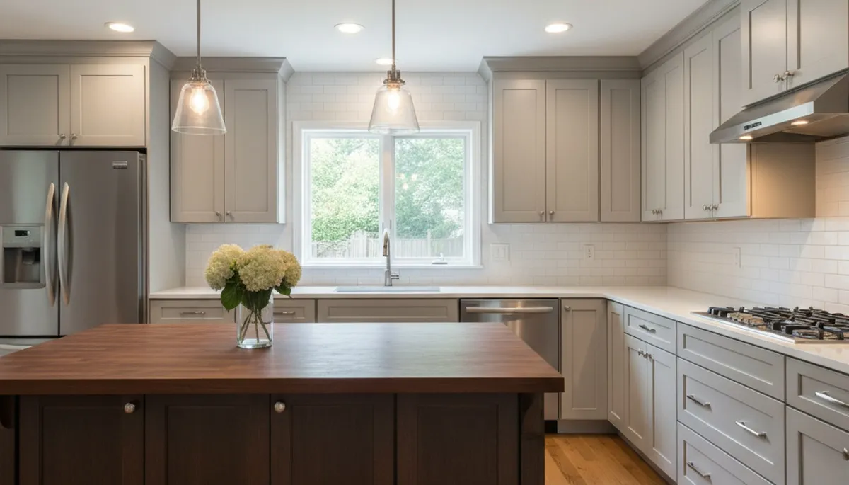 Refinished kitchen cabinets with smooth modern finish by house painters in Staten Island, NY