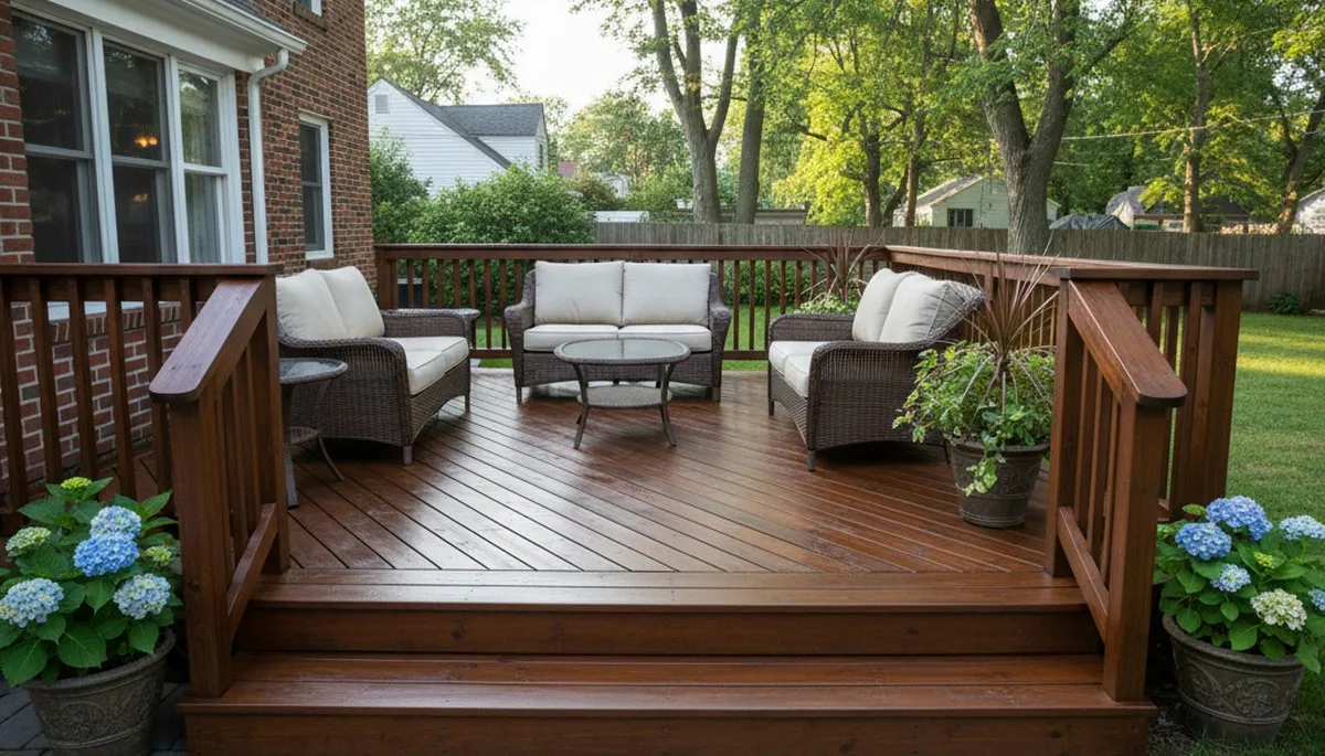 Finished deck staining in Staten Island NY with rich wood tone and weather-resistant protective finish