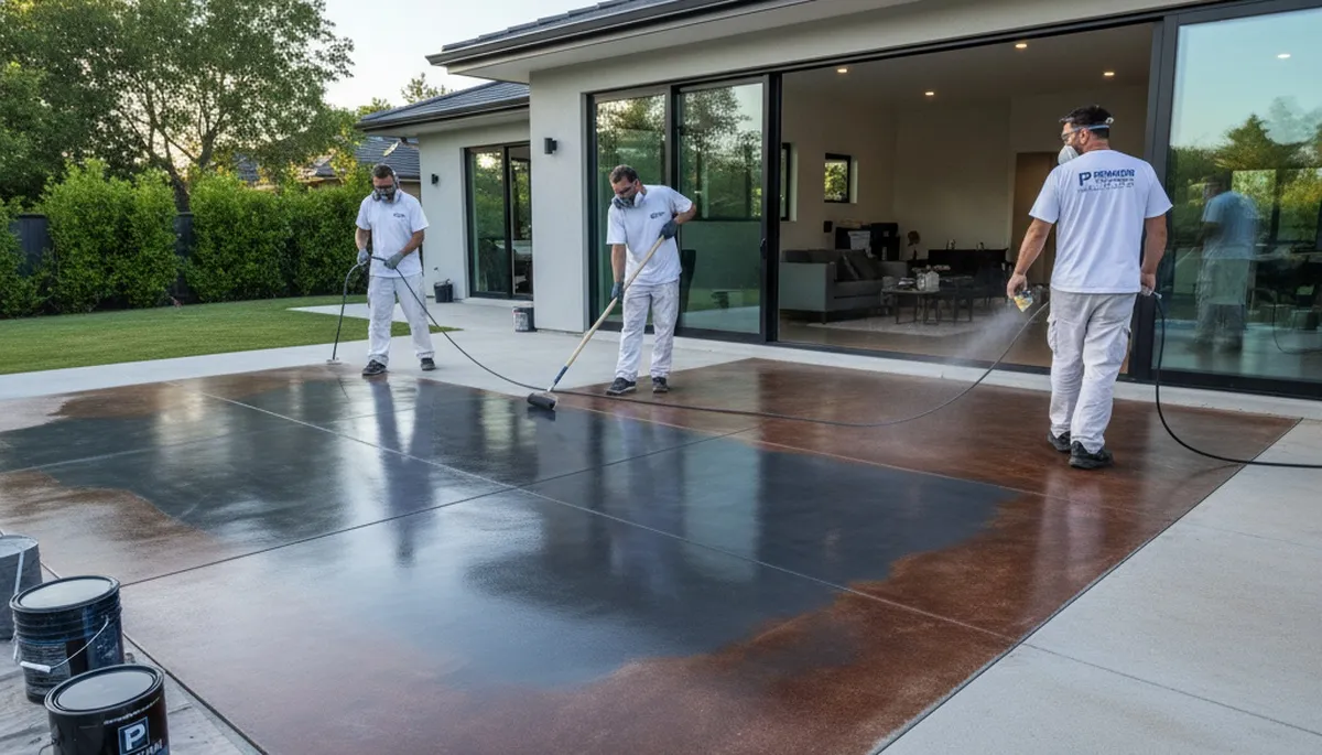 Professional concrete staining on residential driveway in Staten Island, NY for durable floor finish