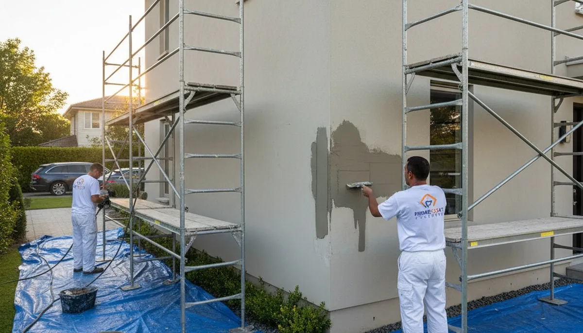 Stucco repair and exterior painting on Staten Island, NY home by expert restoration painters
