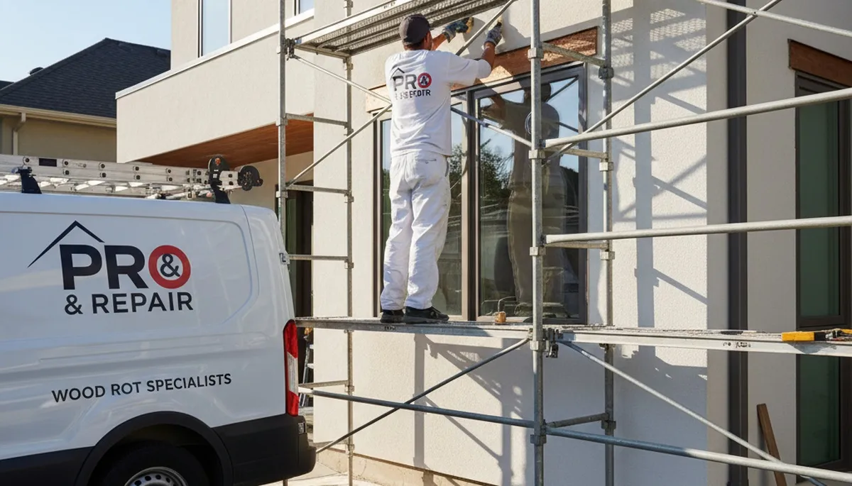 Contractor repairing exterior wood rot on Staten Island home siding and trim with professional carpentry tools